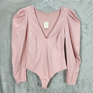 Free People Bodysuit Size M Heart Haze Pink Puff Sleeve Deep V Neck Long Sleeve